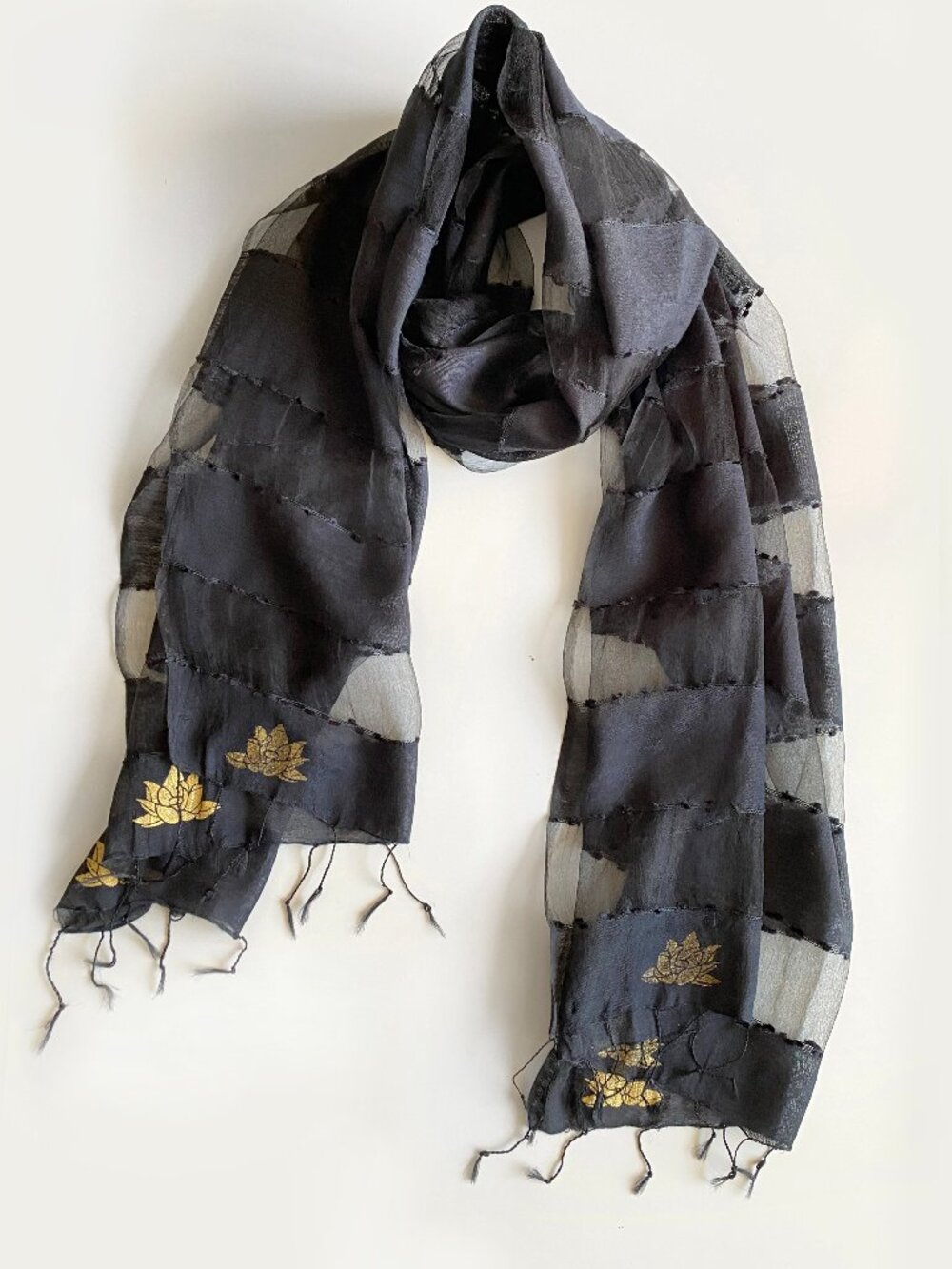 To Be Two Black Silk Large Scarf Wrap Gold Lotus Floral Sheer Tassel 26.5"x75"
